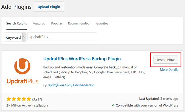 install and activate updraftplus