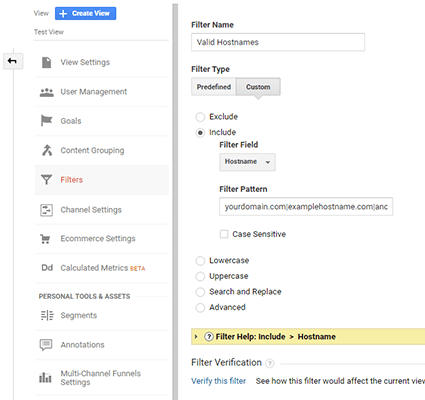 google analytics hostname filter