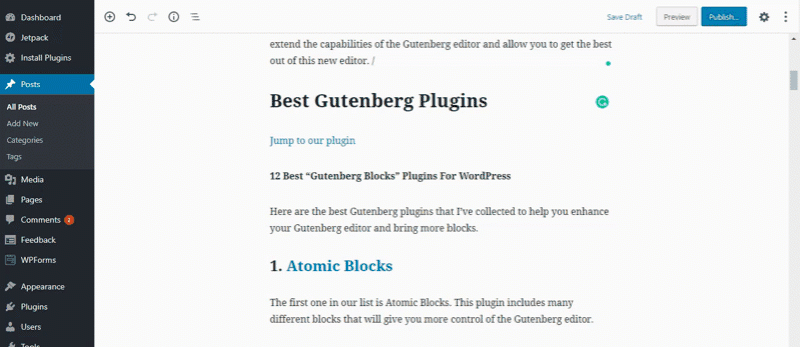 Document outline Gutenberg features