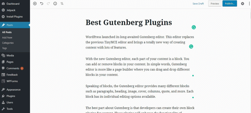 Fullscreen mode Gutenberg features
