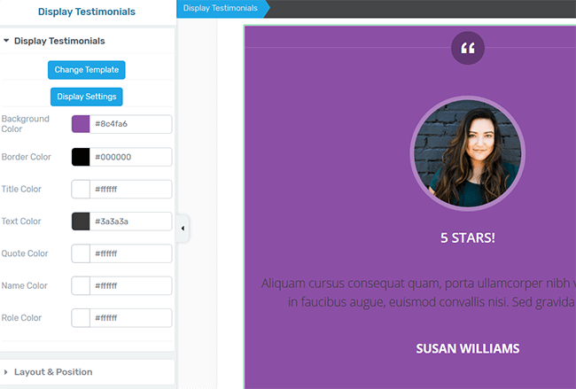 display testimonial template customization