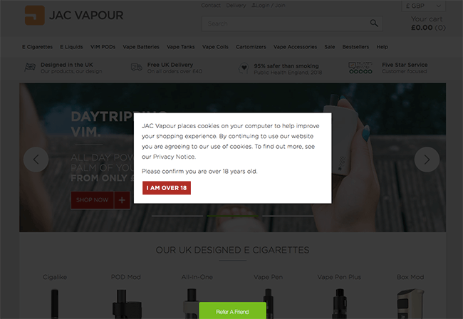 Jac Vapour Age Verification & Cookie Consent Page