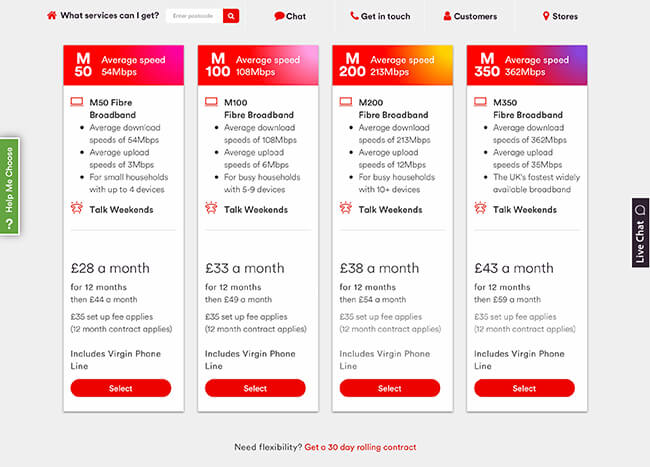 Virgin Media Internet Service Comparison Page