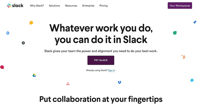 Homepage di Slack