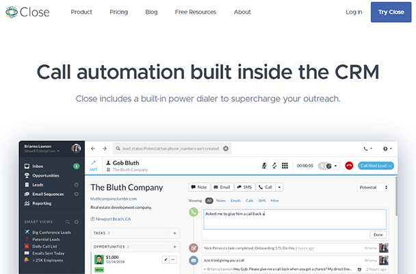 Close CRM power dialer