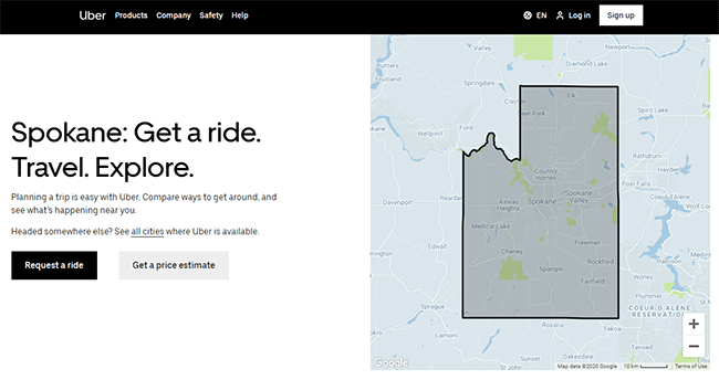 Página dedicada de Uber en cada ciudad