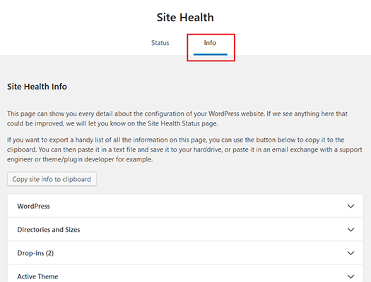 site health and info tab