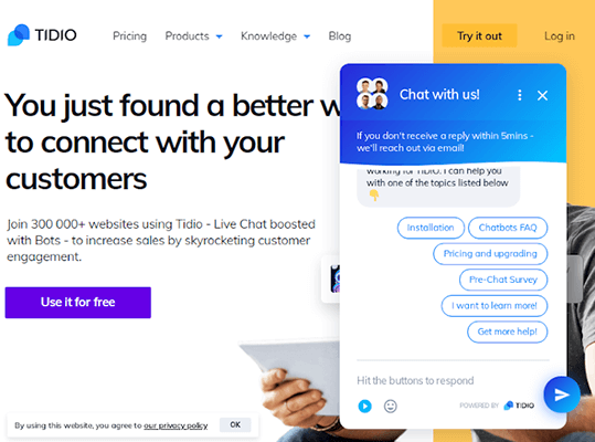 tidio live chat homepage