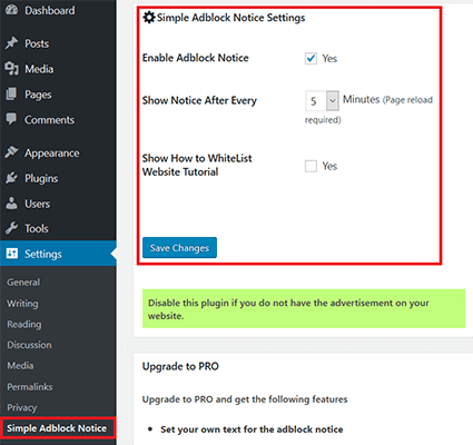 simple adblock notice settings