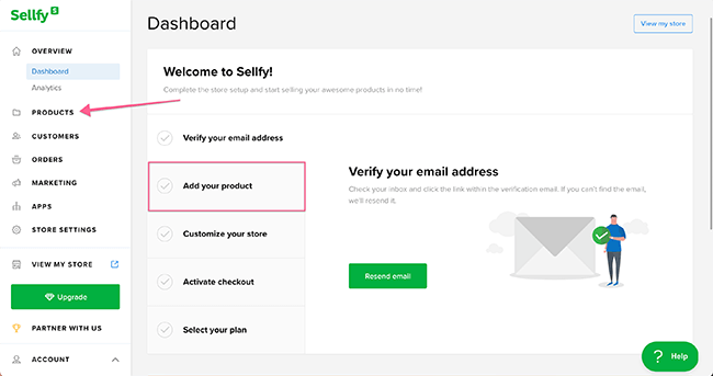 Sellfy dashboard - add your product