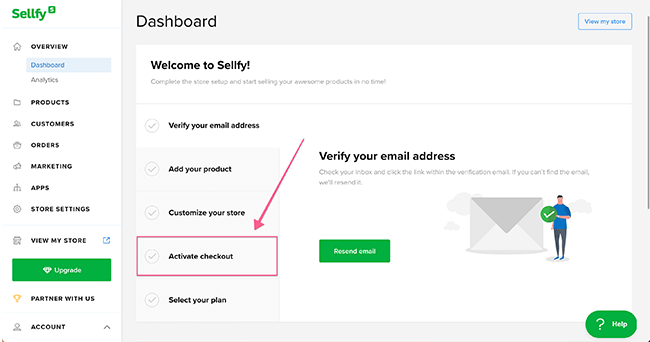 Sellfy dashboard - Activate checkout