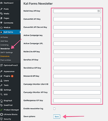 Enter in Kali Forms newsletter details