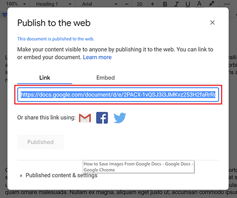 copy the link to publish to the web