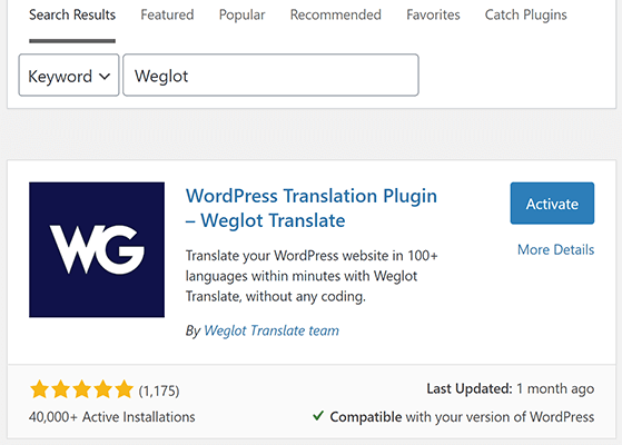 install and activate weglot translation plugin