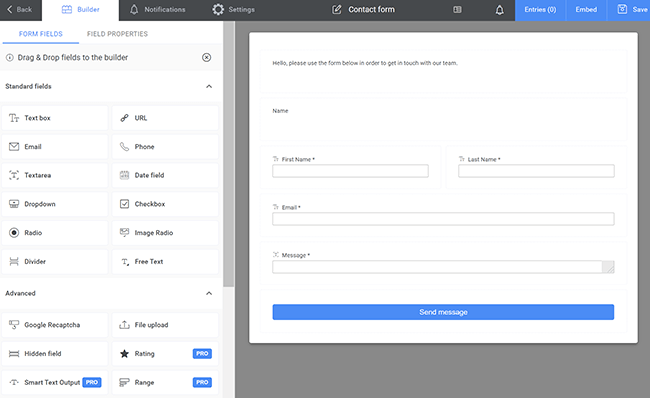 kalli forms contact form editing interface