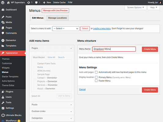 wordpress create new menu