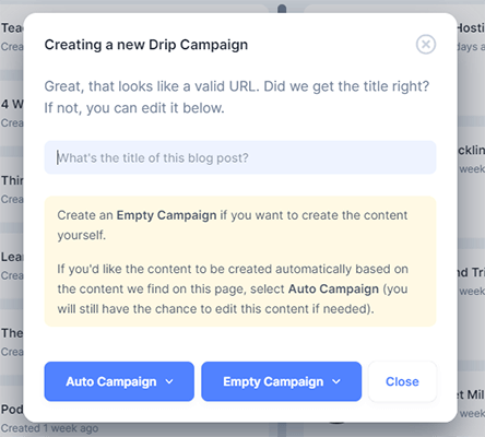 Create a new drip campaign with Missinglettr