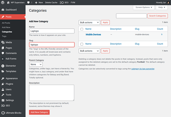 wordpress add new category