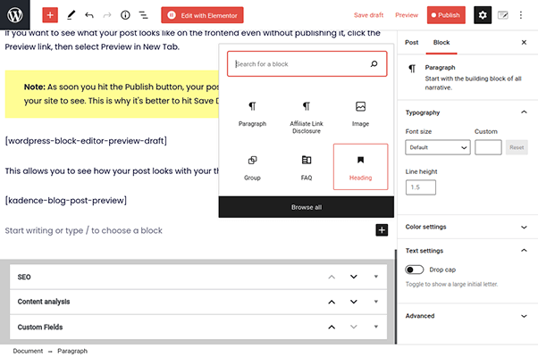 wordpress block editor add heading block