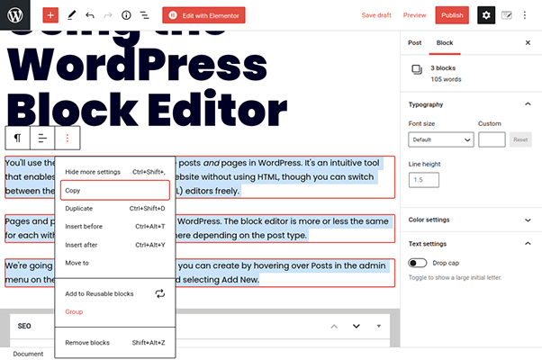 wordpress block editor group paragraph blocks