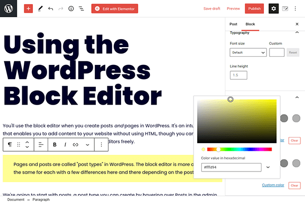 wordpress block editor paragraph block colors