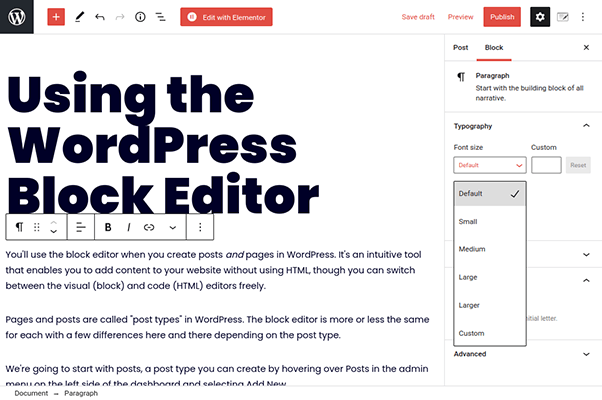 wordpress block editor paragraph block settings