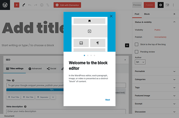 wordpress block editor welcome message