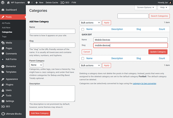 wordpress edit default category