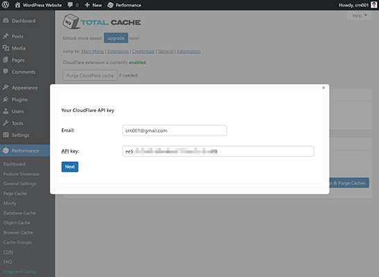 Cloudflare 08 - Enter API key into W3 Total Cache