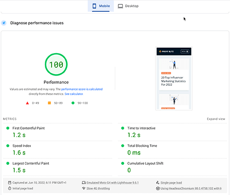 Kinsta performance on mobile