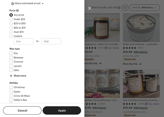 etsy search filters