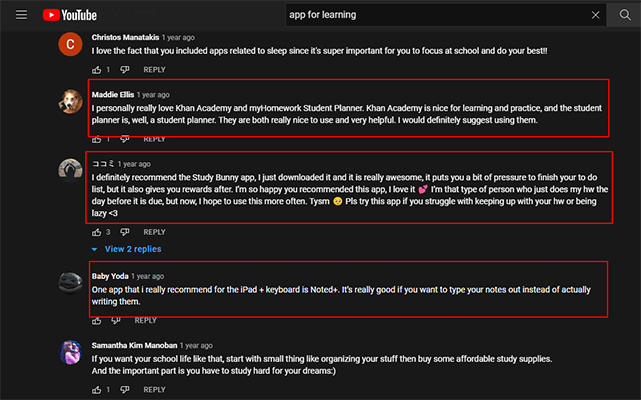 Leia o exemplo de comentários do YouTube