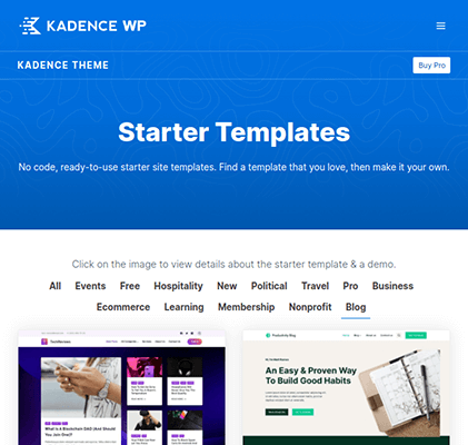 kadence theme starter templates