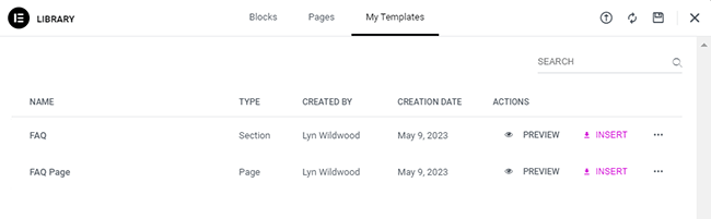 elementor template library