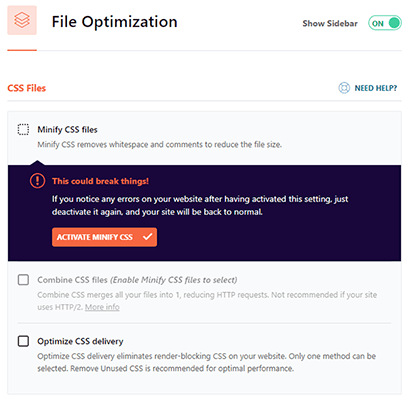 wp rocket file optimization tab
