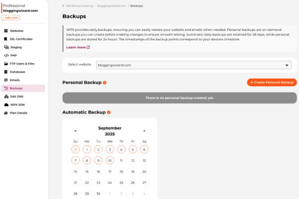 automatic and manual backups with wpx