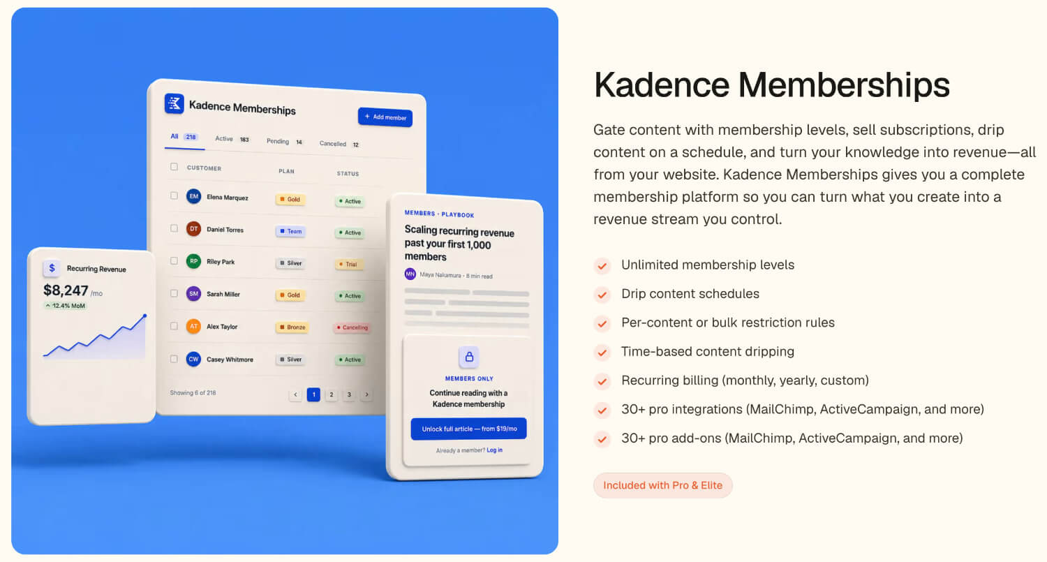 kadence memberships homepage